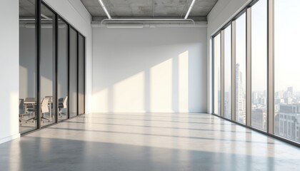 Spacious modern loft office features white walls, concrete columns, and large windows with city views. This empty interior space offers a clean, open layout ideal for business or financial concepts.