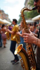 Obraz premium Musicians play saxophones at a street jazz festival, dancers move to lively tunes. A vibrant celebration of music, culture, and community unfolds with energy and joy.