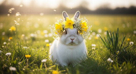 White bunny rabbit with flower crown in meadow spring easter animal portrait