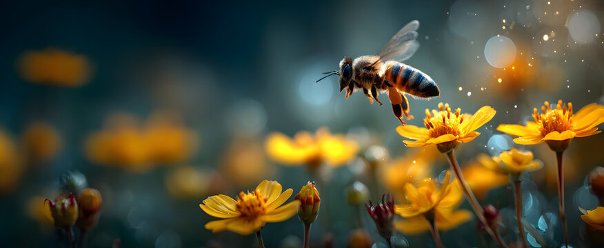 The bee hovering near vibrant yellow flowers in a sunny garden scene.