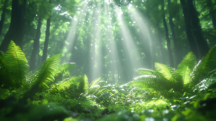 Obraz premium Sunbeams Illuminating Lush Forest Floor with Ferns