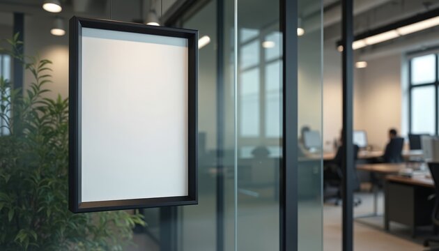 Blank poster in black frame on glass wall in modern office interior. Empty space for text or advertisement. Clean, simple, minimal design for corporate presentation or company announcement.