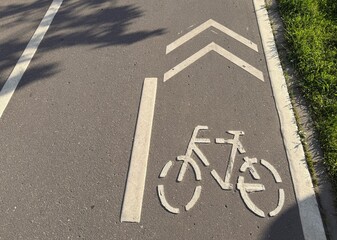 The white bicycle lane symbol is painted on asphalt, indicating a designated cycling path.
Concept of: Sustainable transport.