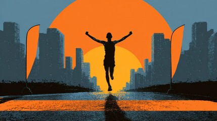 Runner crossing finish line in city at sunset