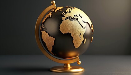 3D golden globe displays textured world map with continents engraved in gold. Focus on Africa, Europe, Americas in stylized metallic finish. Global business, finance, international travel