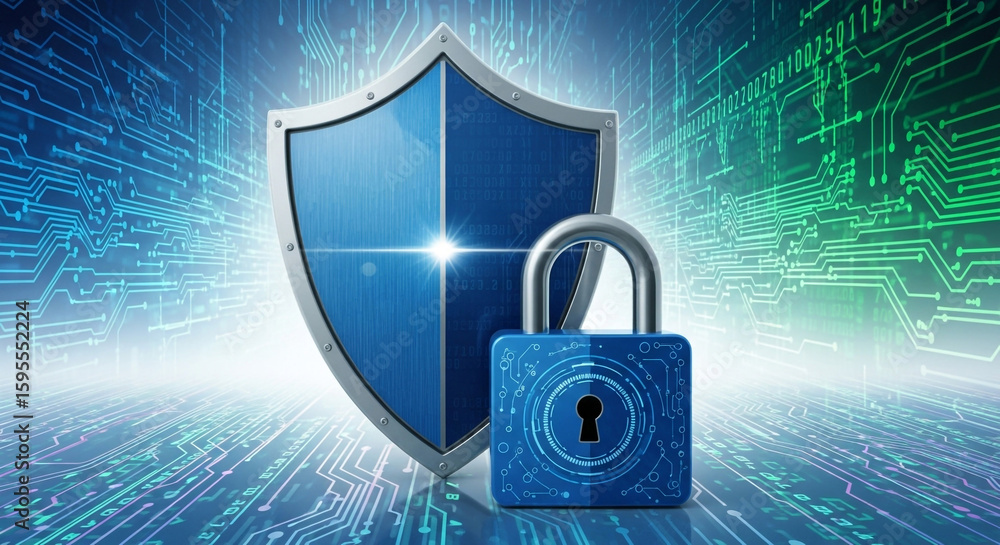 Poster cyber security shield and padlock for data protection and network safety concept