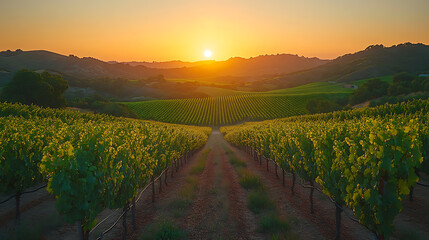 Naklejka premium Serene Sunset over Rolling Vineyard Hills