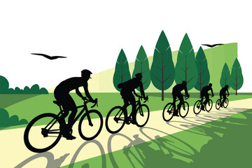 A group of cyclists riding on a path with trees and birds in an illustration style image scene view