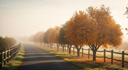 Foggy autumn road with trees and fence landscape scenic fall season nature view