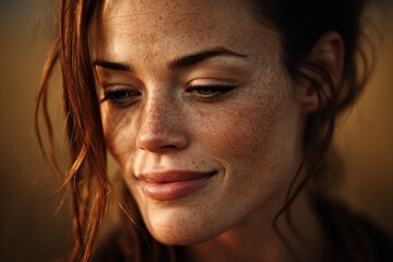 Fototapeta premium Freckled woman enjoys a peaceful moment in the golden sunset glow while reflecting on her thoughts at a serene outdoor location