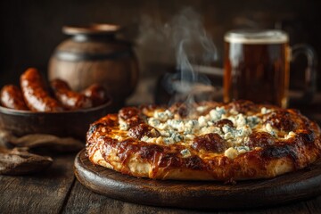 Delicious pizza with melted cheese and sausages served alongside a frothy beer in a rustic setting
