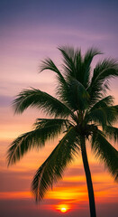 Tropical palm tree against sunset sky 