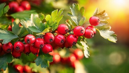 vivid garden scene with bright red hawthorn berries on green branches