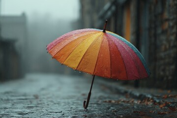 Colorful umbrella stands out in a rainy alley during a foggy day