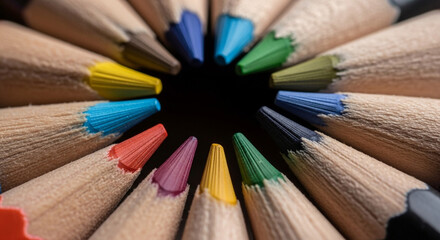 Fototapeta premium Colorful pencils arranged in a circle art supplies drawing tools stationery design