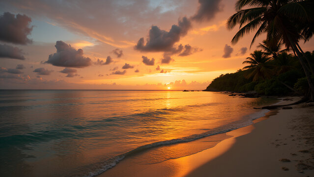 Tropischer Sonnenuntergang am Palmenstrand
