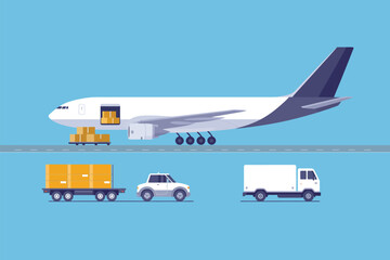 Illustration of airplane with cargo and ground vehicles on a blue background vector graphic