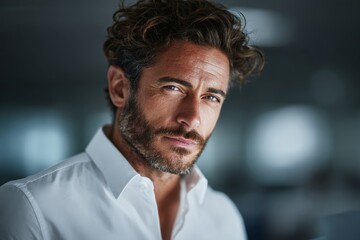 Confident man with curly hair and beard in a bright office setting during afternoon hours