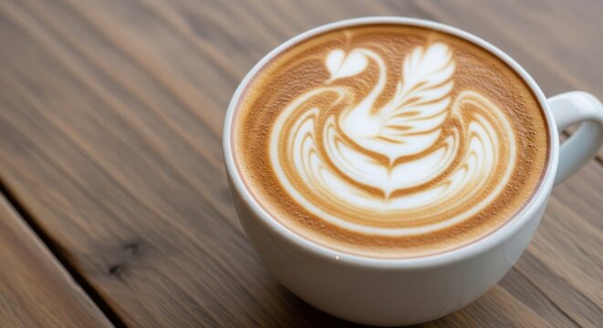 Close-up of a white coffee cup filled with latte art depicting a swan with a heart, placed on a wooden surface.
