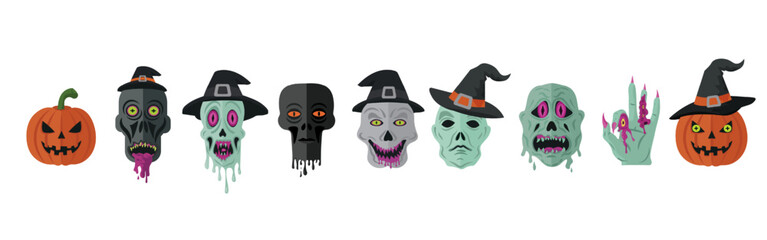 A Set of Creepy, Trendy, Weird, Cartoonish Halloween Icons featuring zombie heads, witches, skulls, spooky pumpkins, monster hand. Perfect for party invitations, decor or seasonal designs. Vector .
