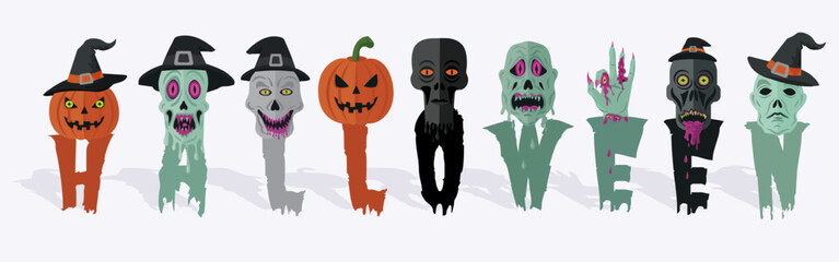 HALOWEEN lettering with Spooky Trendy Weird Zombie Heads, Witch Heads, Skulls, Creepy Pumpkins and Monster Hand on Halloween Theme. Suitable for party invitations, decor or seasonal designs. Vector .