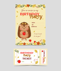 Card - Birthday Invitation and Ticket on Autumn theme with cute hedgehog, typography, apples, autumn leaves. Perfect for children's events or for printing invitations. Vector illustration.