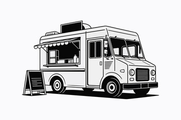 Illustrated food truck with awning and menu board in black and white minimalist design style art
