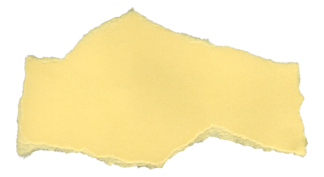 Torn yellow paper remnant shaped for visual detail. High-resolution scrap for creative design compositions. The shape is asymmetrical, with ridges and curves, suitable for creative design use.