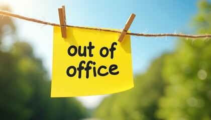 Bright yellow Out of Office notice hangs on clothesline with wooden pegs against vibrant blue sky, blurred green foliage. Message signifies absence, vacation, unavailability. Represents holidays,