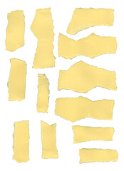 Set of torn yellow paper pieces with rough edges. Collection of isolated scraps for collage, craft,...
