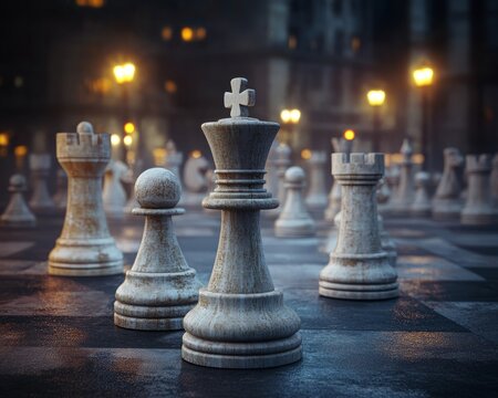 City of animate pastel chess pieces on an obsidian black background. Surreal strategy game.