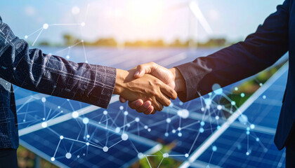 Clean Energy Collaboration: A close-up perspective of two individuals engaged in a handshake, signifying a collaborative partnership in the realm of sustainable energy solutions.