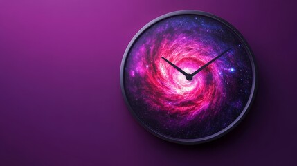 Surreal clock with a rotating pastel galaxy dial on a deep purple background. Cosmic time concept.