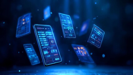 Multiple holographic smartphone interfaces with complex data displays floating in blue digital space. Technological visualization of interconnected digital information. - Powered by Adobe