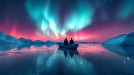 Serene Aurora Borealis Two Figures in a Boat Admire the Northern Lights