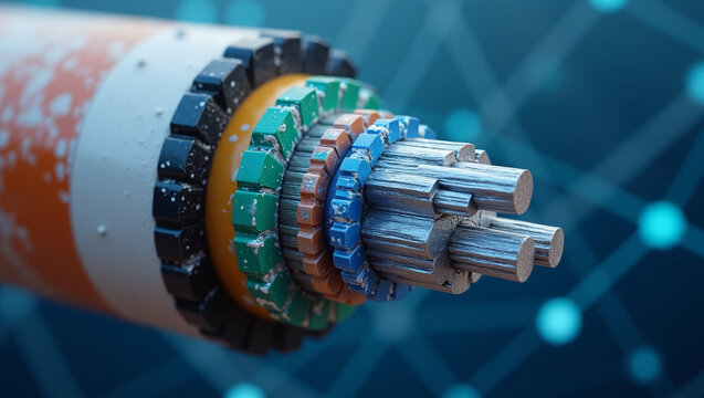 Electric Cable: A detailed cross-section of an electric cable, showcasing its intricate internal structure, with a blue-toned background, representing the complex web of modern technology.