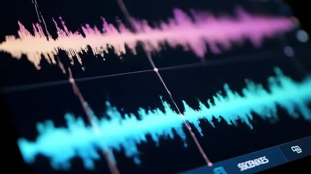 Closeup colorful audio waveform display on digital screen