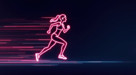 A woman running in a neon neon light sport background copy space