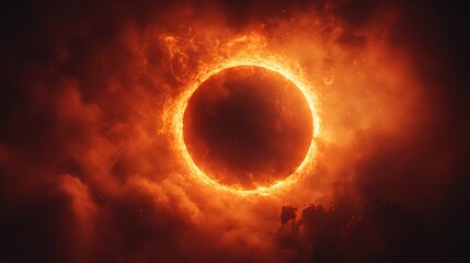 Fiery solar eclipse against a dark sky.
