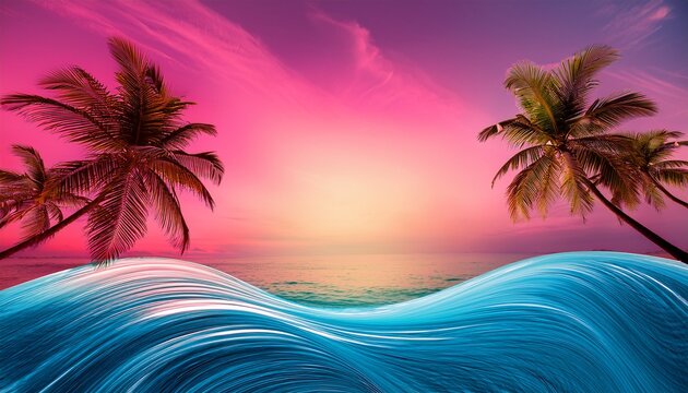 colorful tropical scene with palm trees sun and blue waves against a pink background - Powered by Adobe