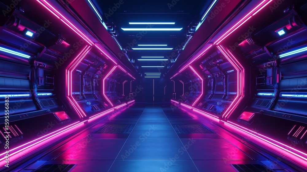 Aufkleber futuristic hallway illuminated with neon lights in a sci-fi style, creating an immersive experience 