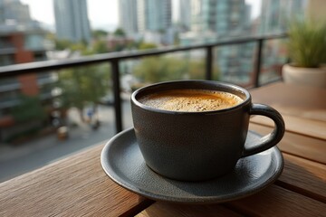 Coffee cup on balcony overlooking urban skyline in morning light with greenery in background