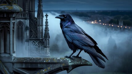 Raven on gothic gargoyle in moonlit mist above city skyline