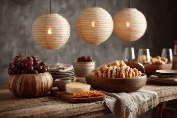 Naklejka premium Elegant table setting featuring gourmet snacks and warm lighting for a cozy gathering