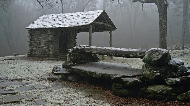 Stone shelter and rustic bench in a snowy landscape. - Powered by Adobe