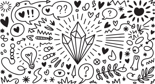 Crystal lightbulb hearts and arrows doodle pattern vector
