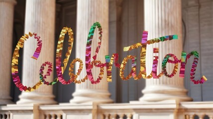 Floating mylar confetti forming the word celebration with blurred columns