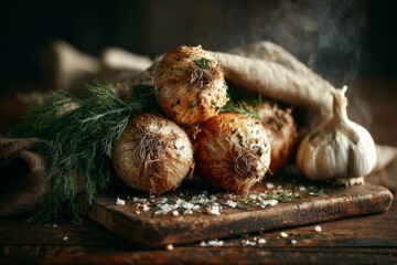 Freshly harvested onions and garlic arranged on a wooden cutting board in a rustic kitchen setting
