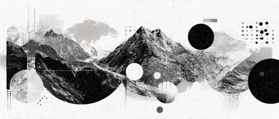 Abstract monochrome mountain landscape with geometric shapes and halftone patterns Conceptual nature illustration with a modern, artistic design