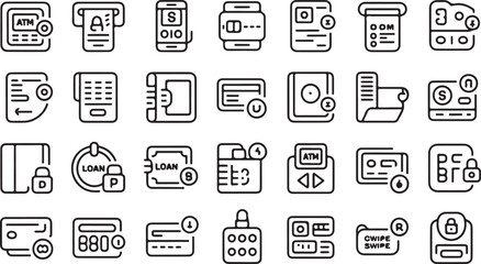 Financial transaction icons with various payment methods and security features finance